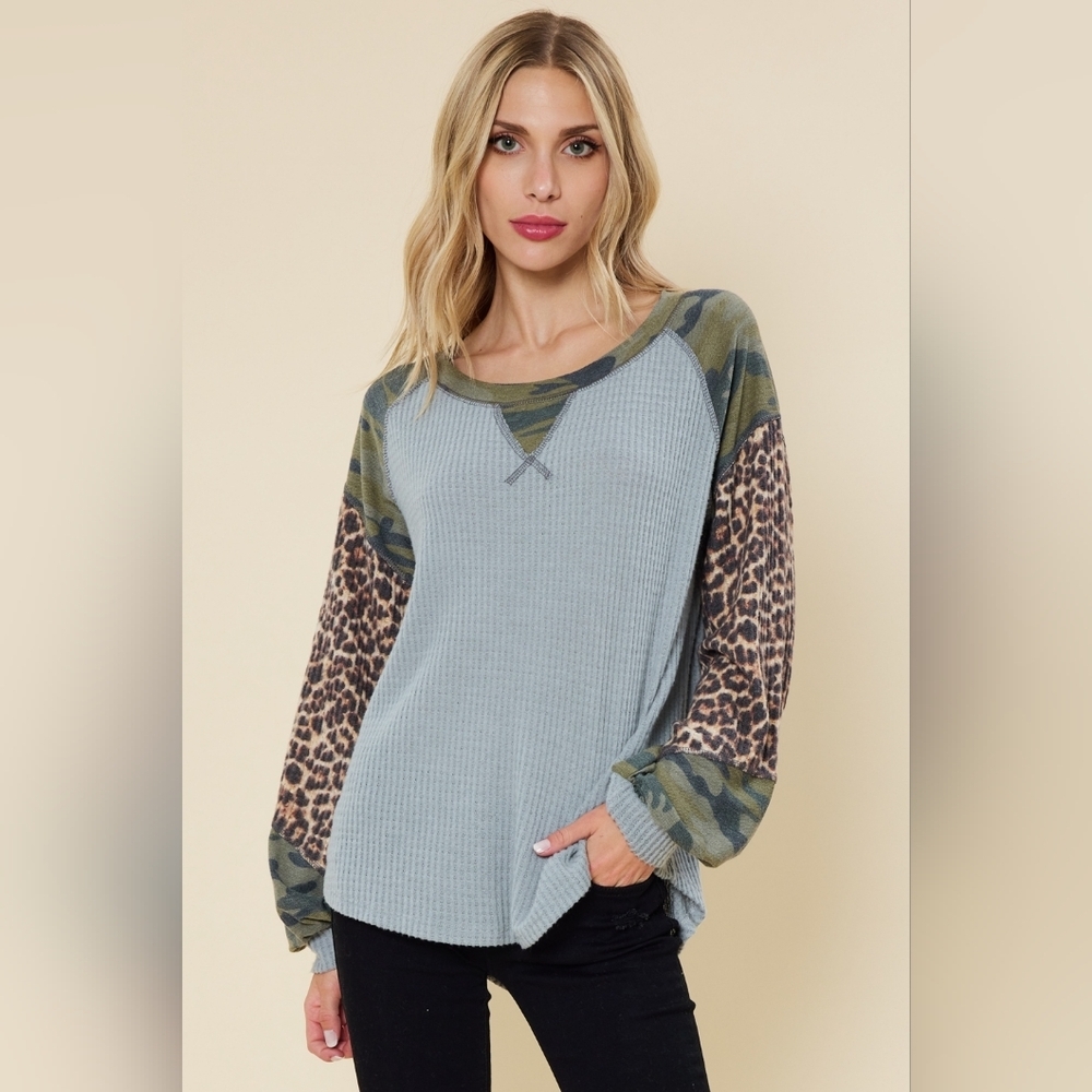 Patchwork Animal Print Camo Thermal Long Sleeve Tee Top Grey